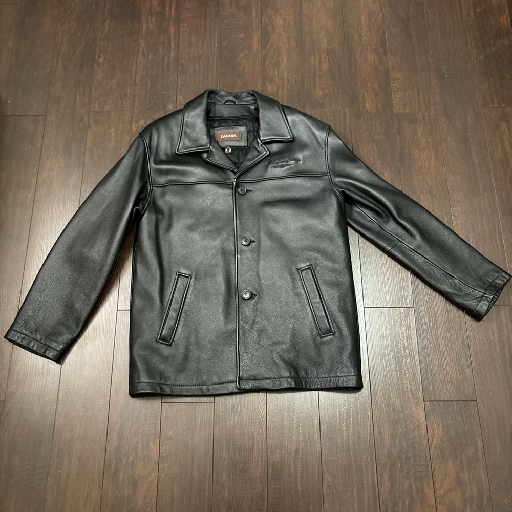 Danier Black Leather Pea Coat with Notch Collar